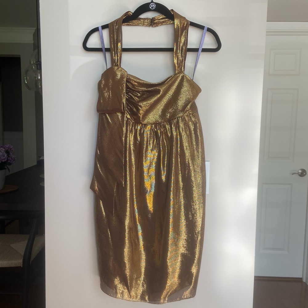 Vera Wang Dress Gold Shimmer Halter Neck‎ Silk